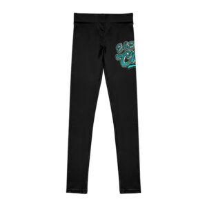 Cheer Team Youth Leggings — Black All-Over Print with Teal 'Cheer' Script